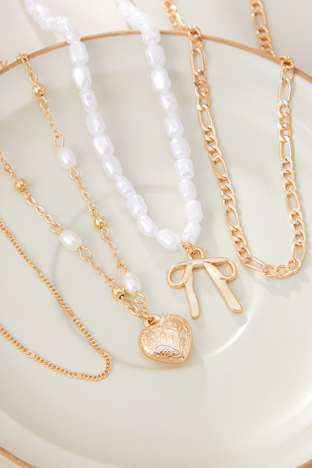 Gold Bow Heart Pendant Pearl Chaining Plated Necklace