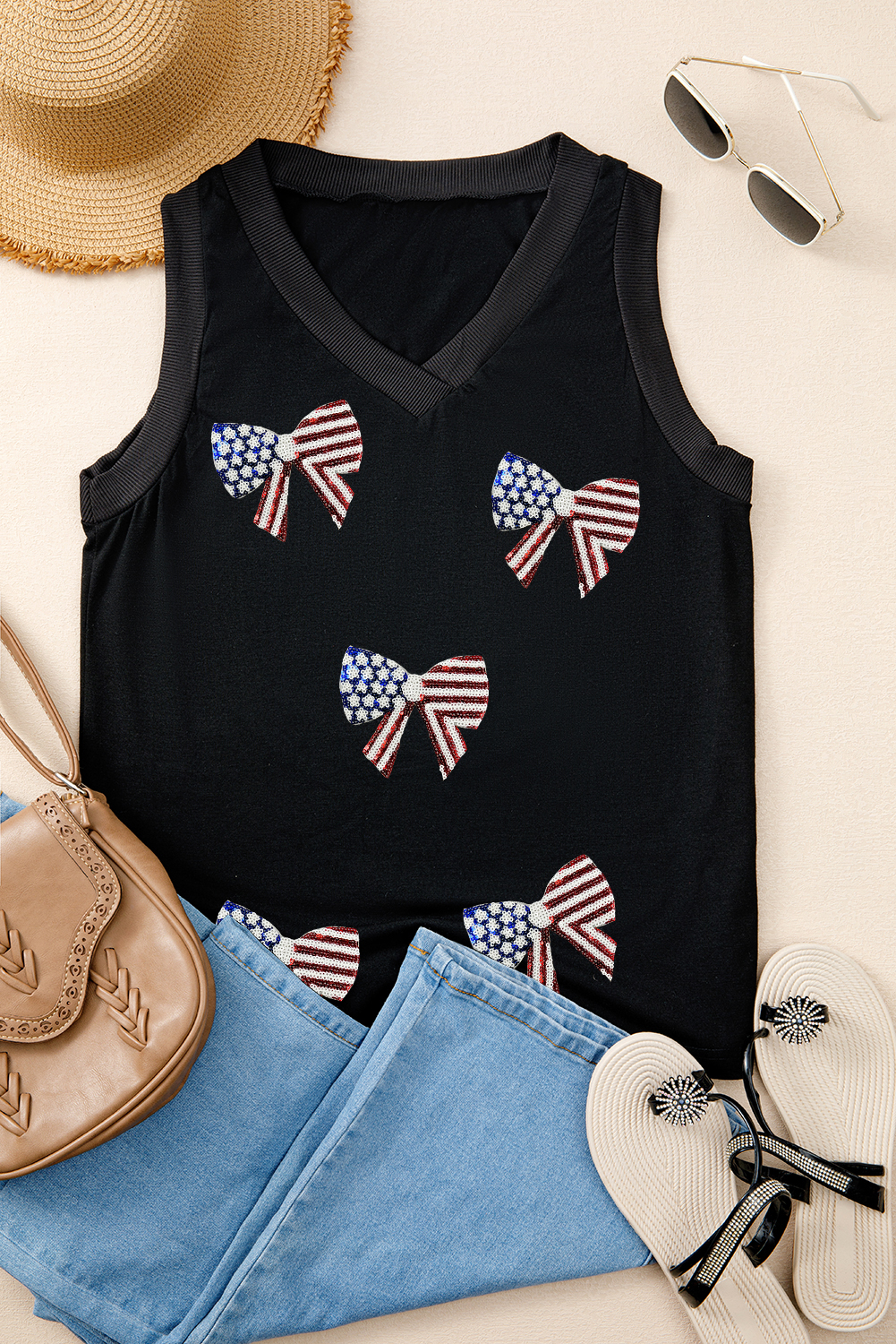 Black Flag Inspired Sequin Bow Patched V Neck Tank Top