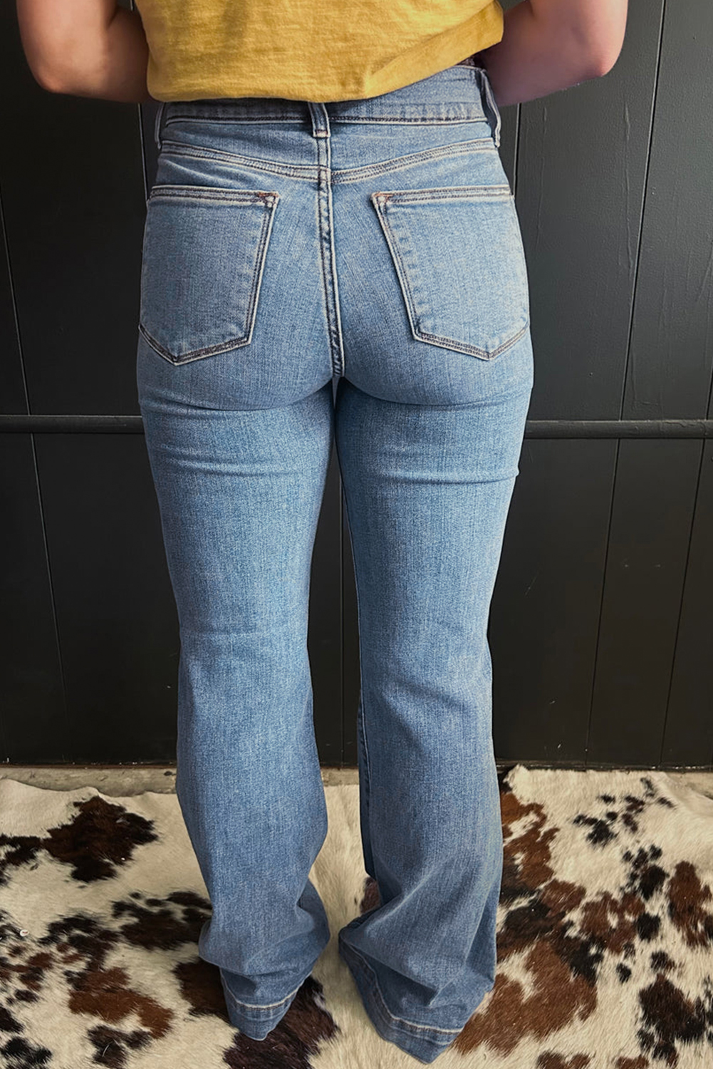 Dusk Blue 2 Button High Waist Piping Trim Bootcut Jeans