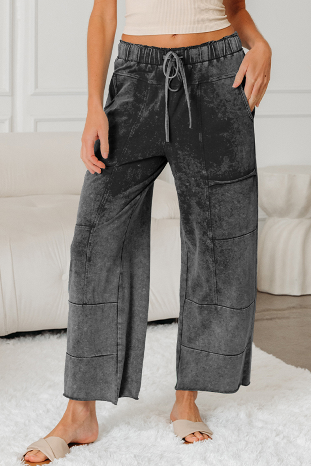 Lapis Mineral Wash Lace-up High Waist Raw Hem Patched Pocket Pants