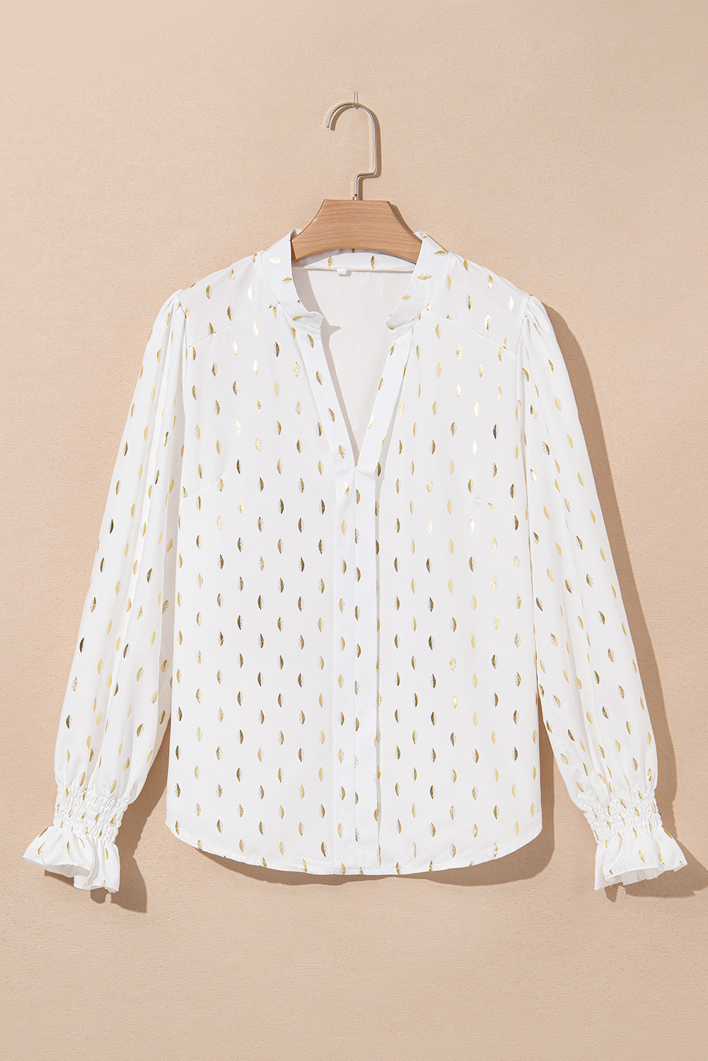 Beige Foil Crescent Print Notched Neck Flounce Sleeve Blouse