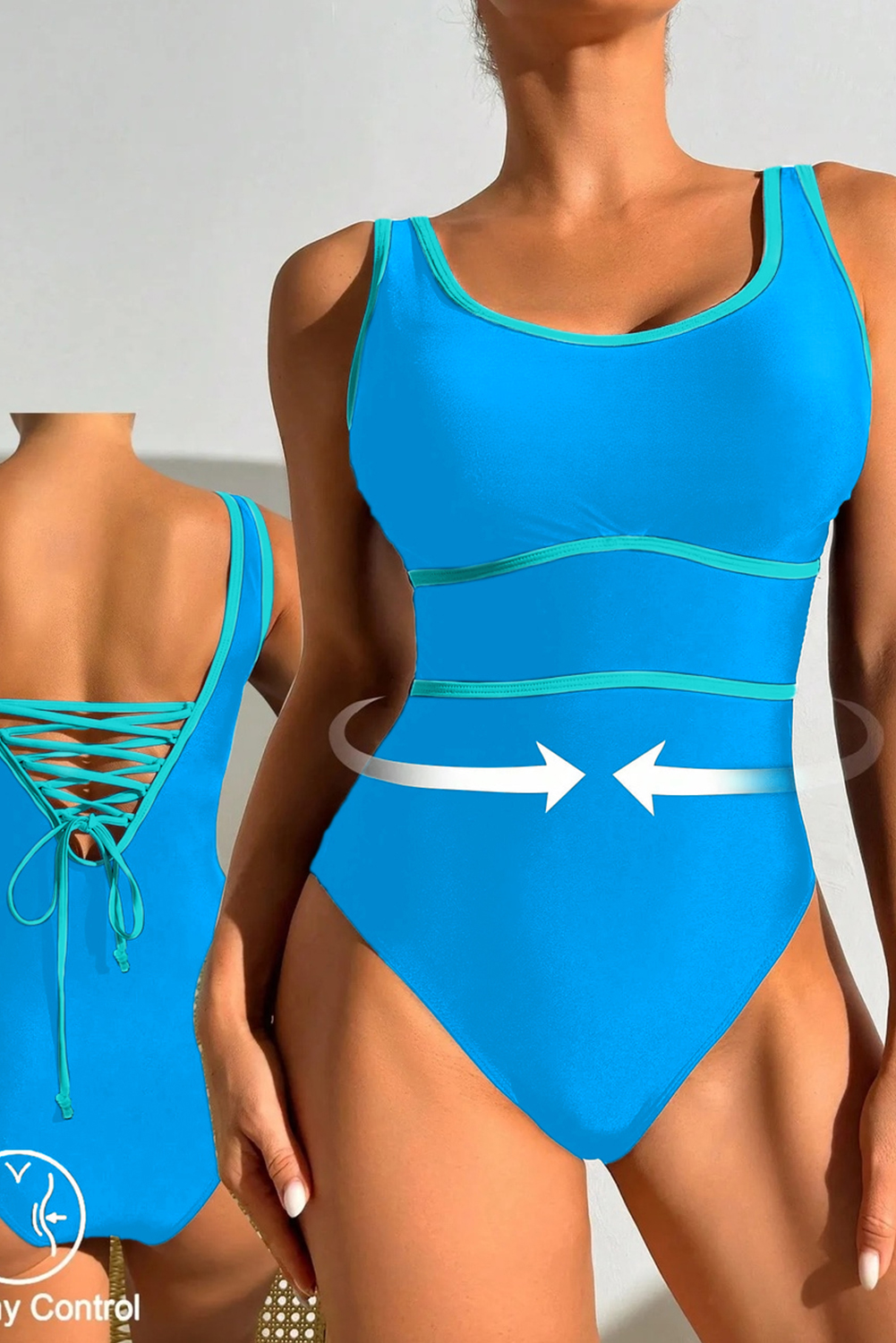 Navy Blue Contrast Trim Lace-up Back One Piece Swimsuit