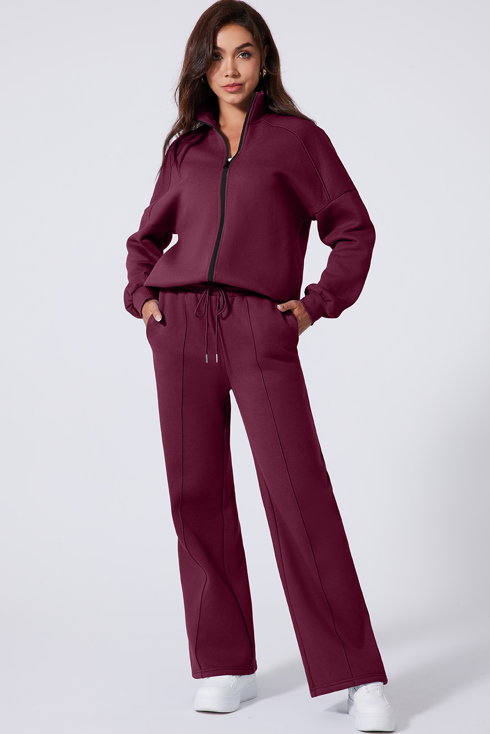 Navy Blue Drop Shoulder Zip Up Jacket Drawstring Pants Active 2pcs Set