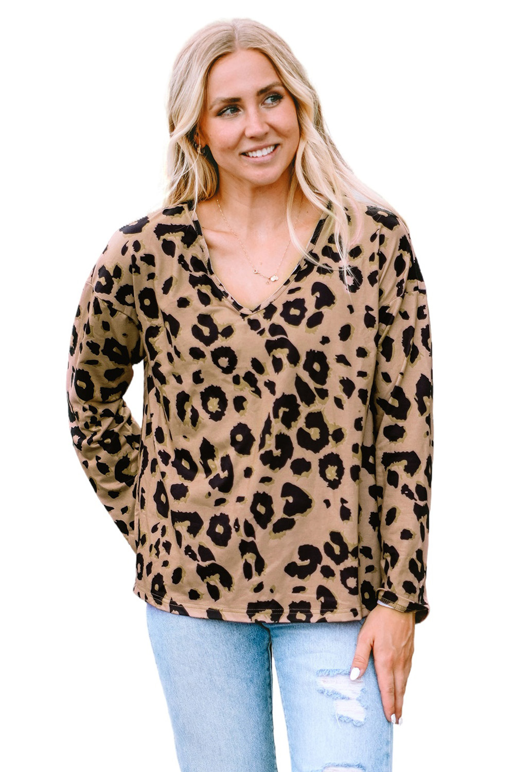 Brown Leopard Split Joint V Neck Long Sleeve Tops