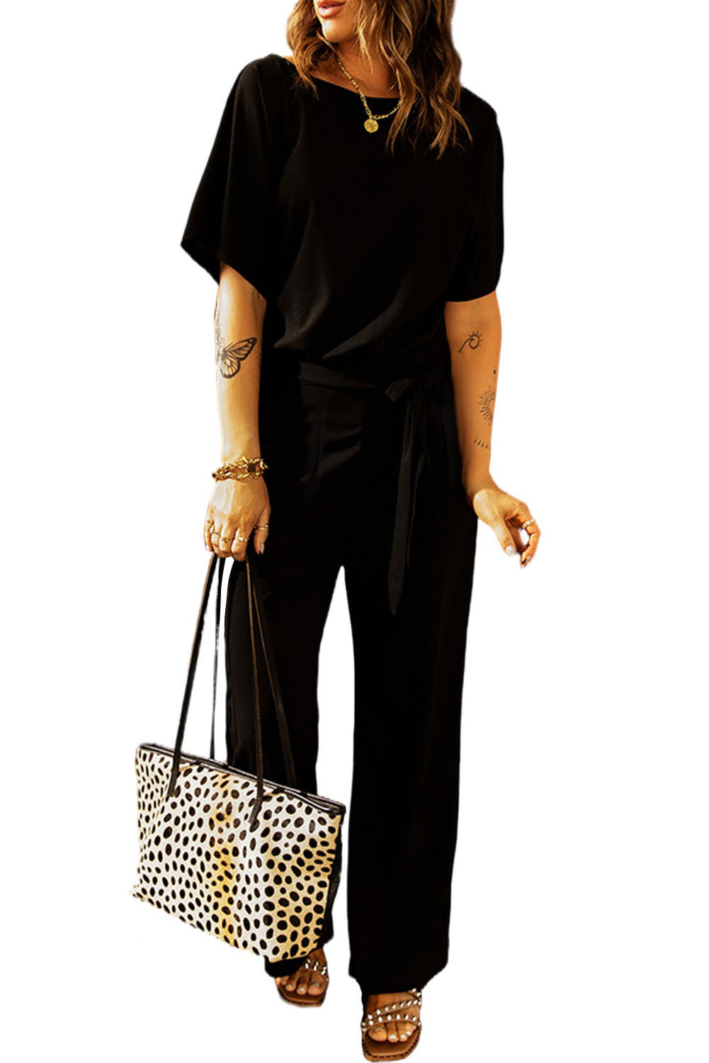 Black Dolman Sleeve Belted Straight Leg Jumpsuit