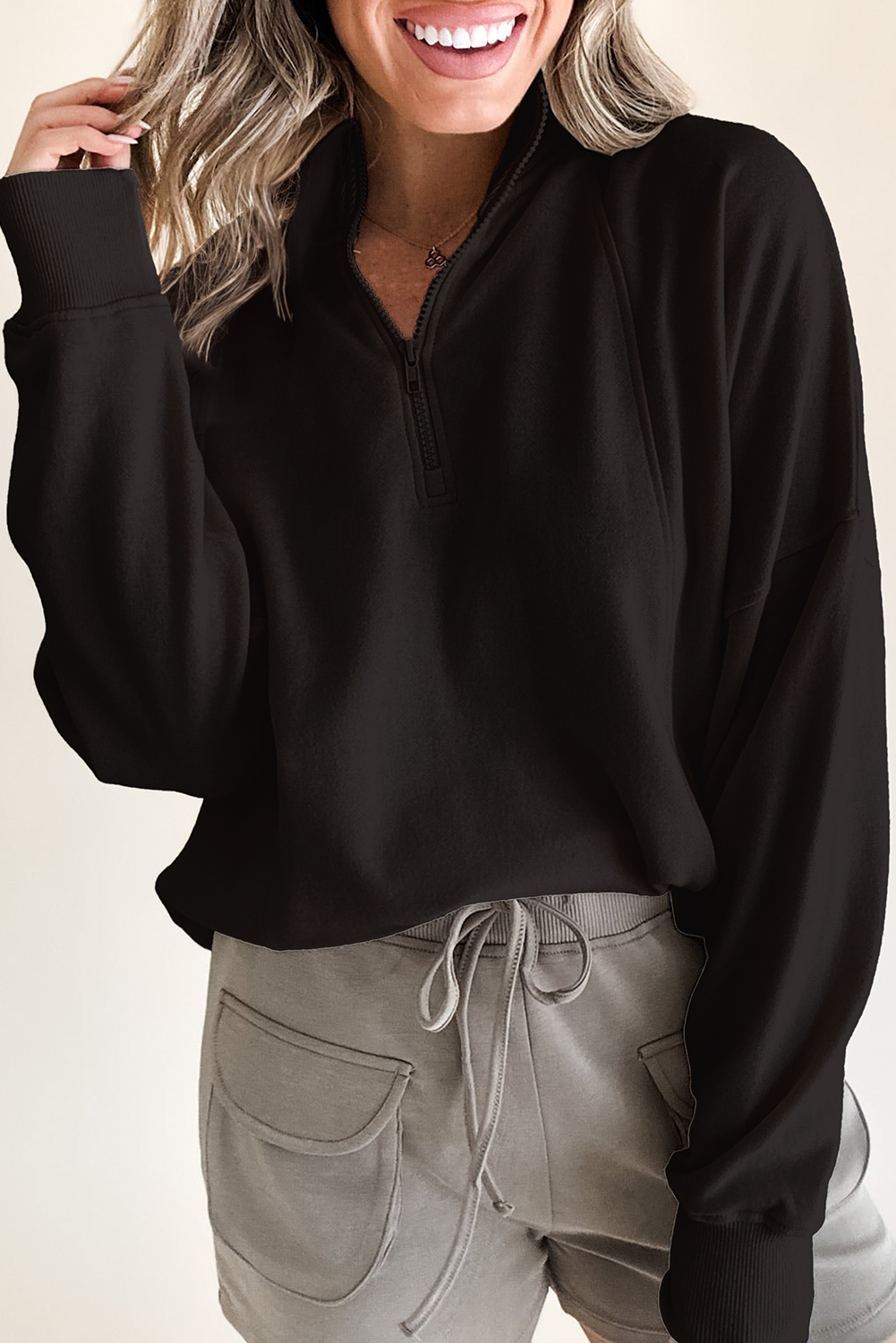 Fushia Zipped Neck Pullover Drop Shoulder Sweatshirt