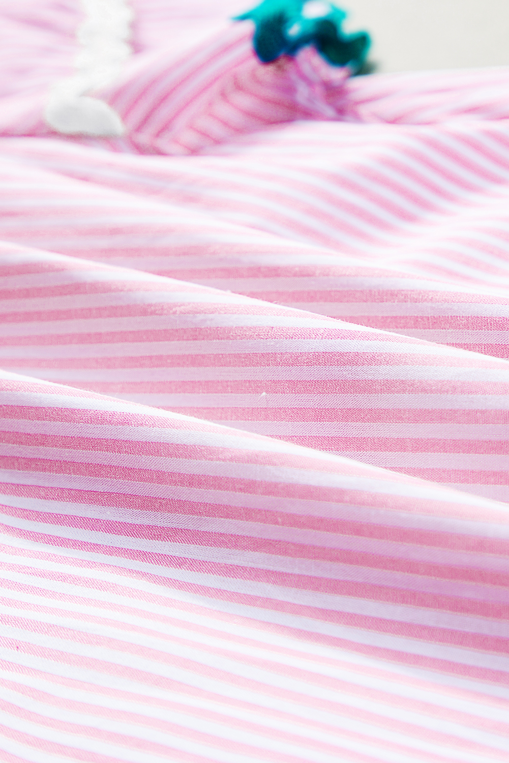 Sky Blue Stripe Ricrac Trim Split Neck Striped Ruffled Sleeve Blouse