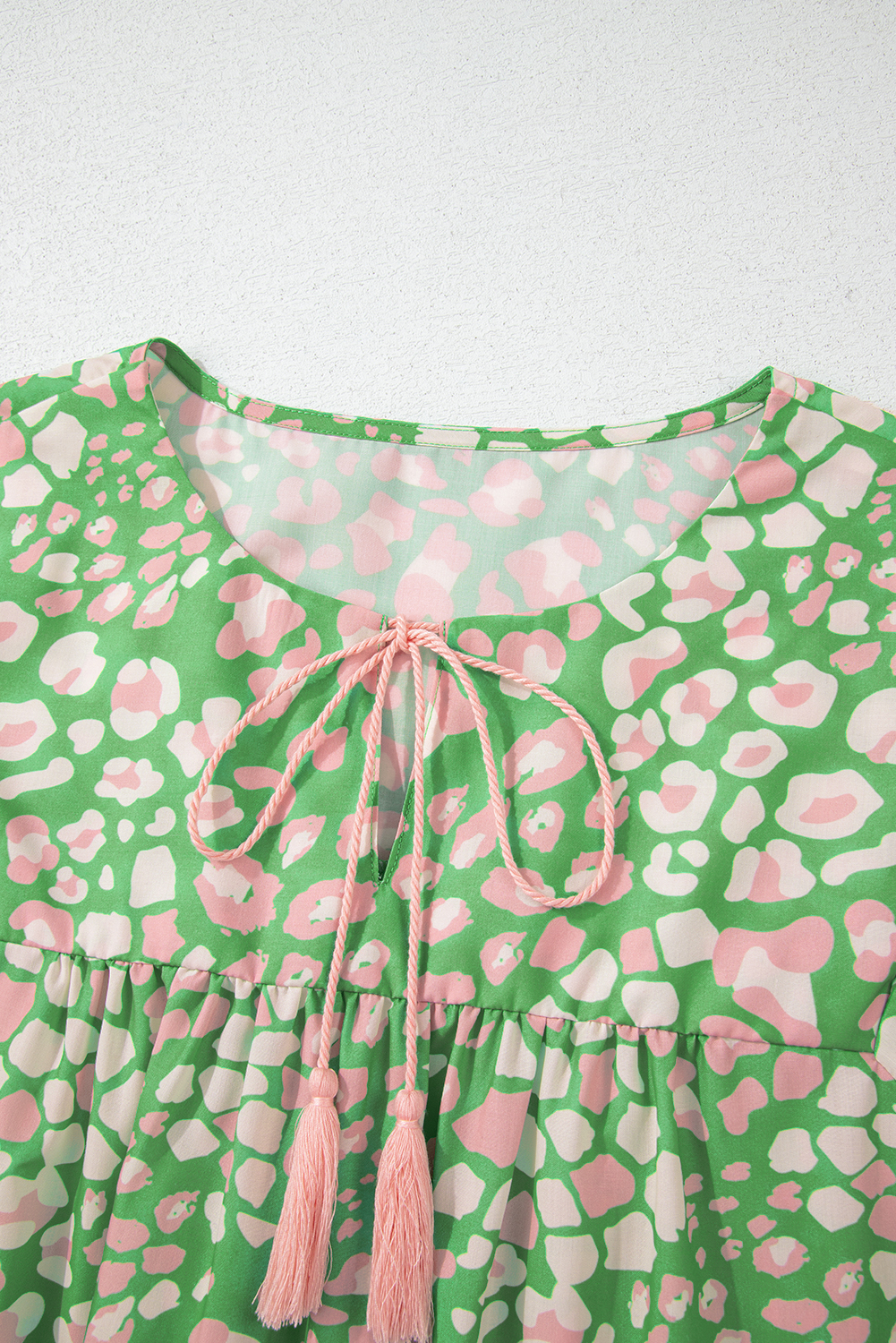 Green Abstract Leopard Tied Front Flutter Sleeve Blouse