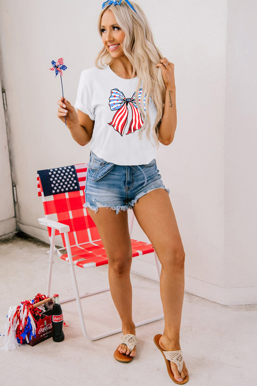 Khaki American Flag Bow Knot Print Round Neck T Shirt