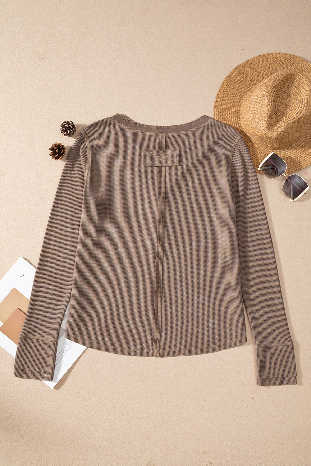 Smoke Green Acid Wash Waffle Knit Buttoned Neckline Long Sleeve Top