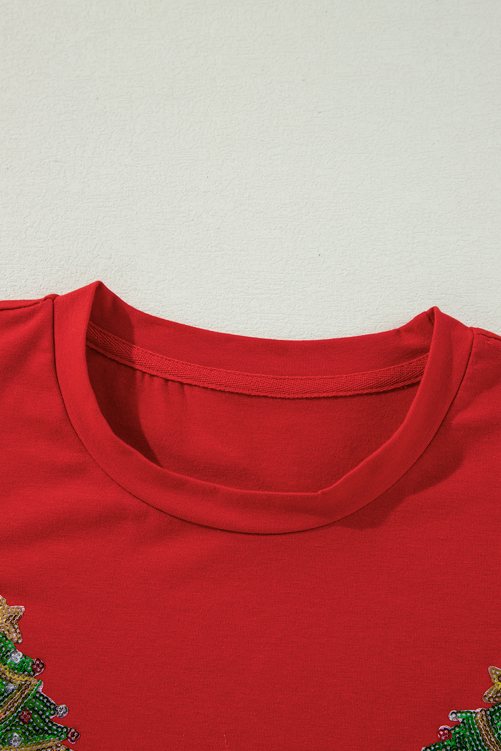 Red Sequined Christmas Tree Graphic Crewneck T Shirt