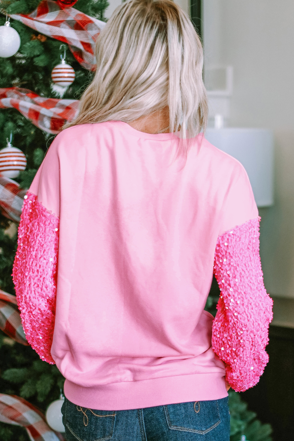 Pink Shiny Father Christmas Graphic Sequin Long Sleeve Top