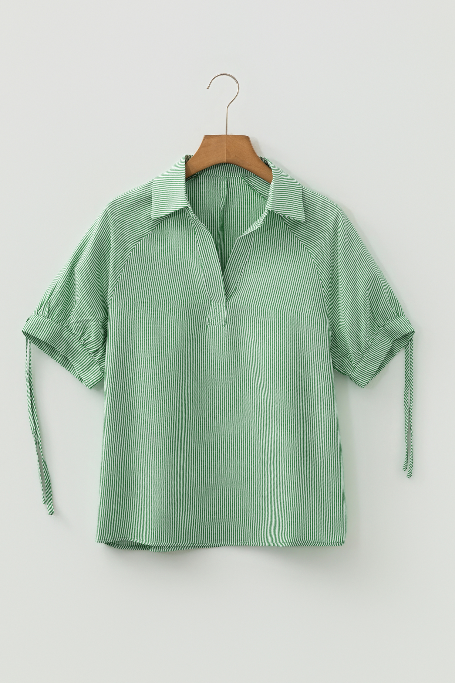 Mint Green Striped Print Collared Split Neck Half Sleeve Blouse