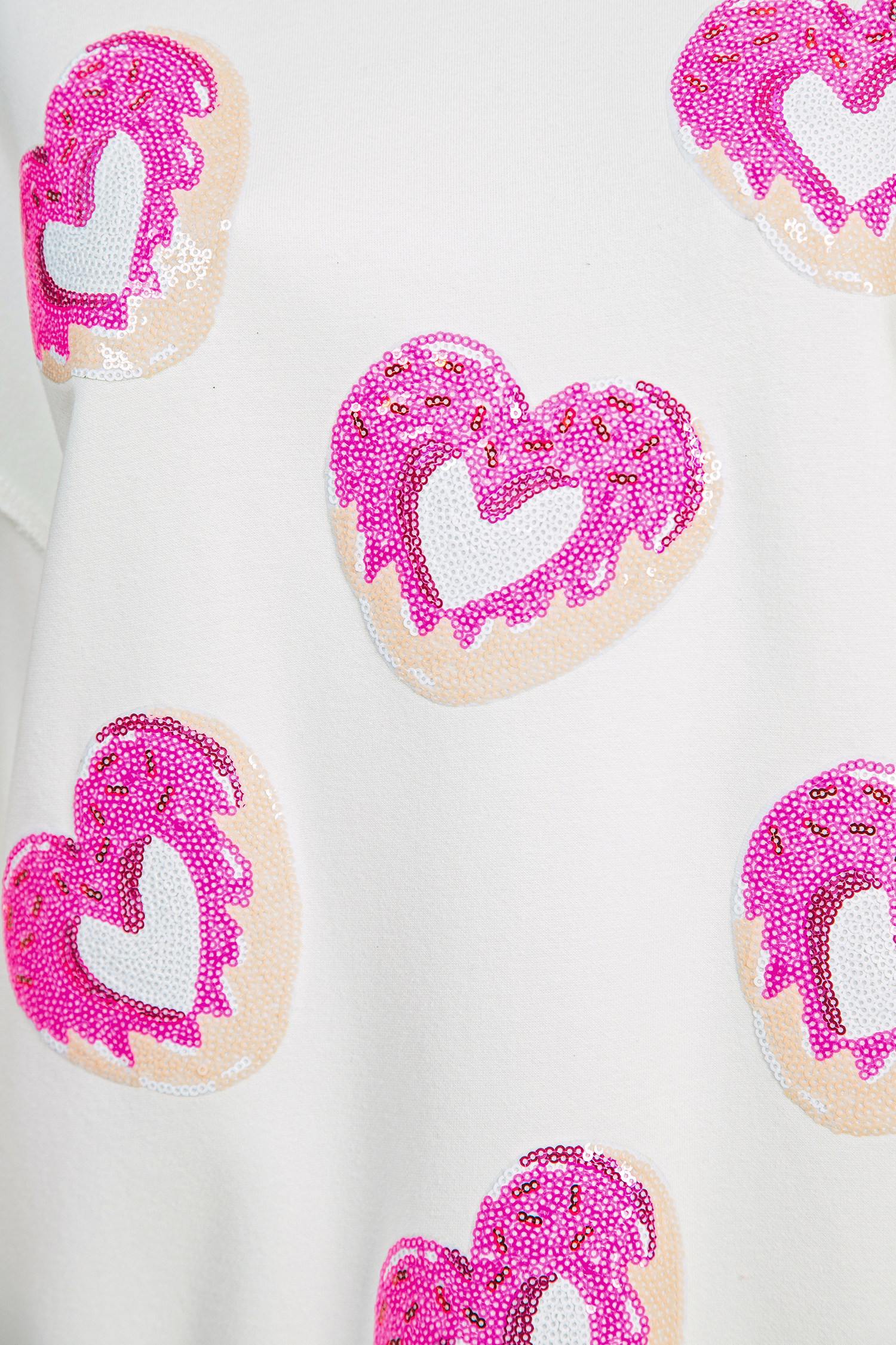 White Reversible Double Wear Sequin Donut Heart Graphic Mock Neck Sweatshirt