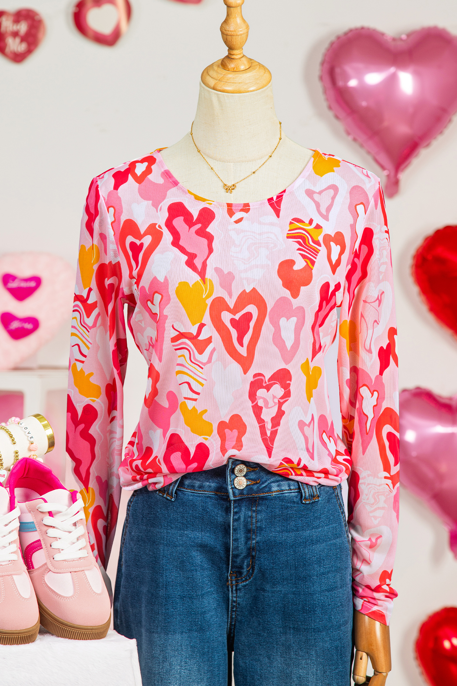 Rose Valentine Heart Mesh Long Sleeve Top
