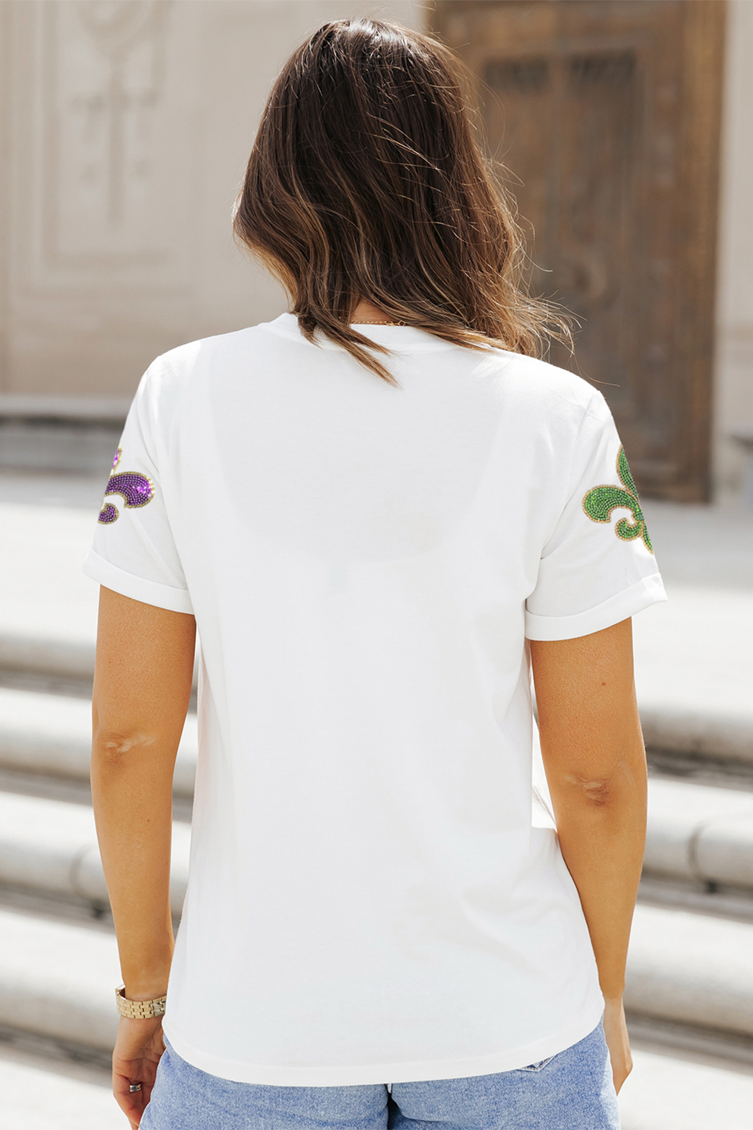 White Mardi Gras Fleur De Lis Sequin Graphic T Shirt