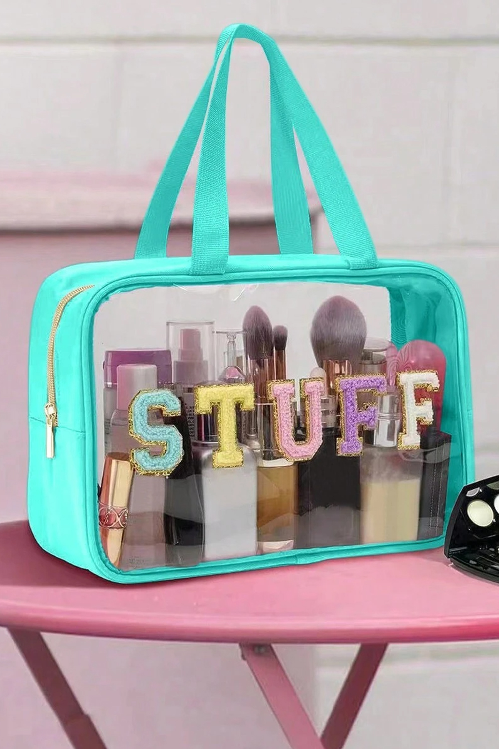 Light Pink TRAVEL Chenille Letter Clear PVC Makeup Bag