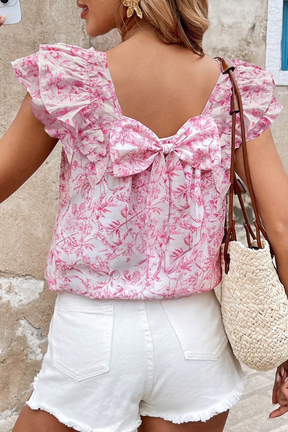 Beau Blue Textured Bow Knot Frilled Butterfly Sleeve Blouse