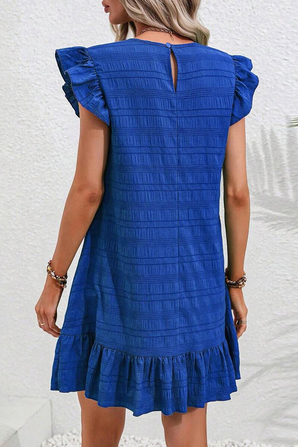 Dark Green Textured Ruffled Sleeve Round Neck Top