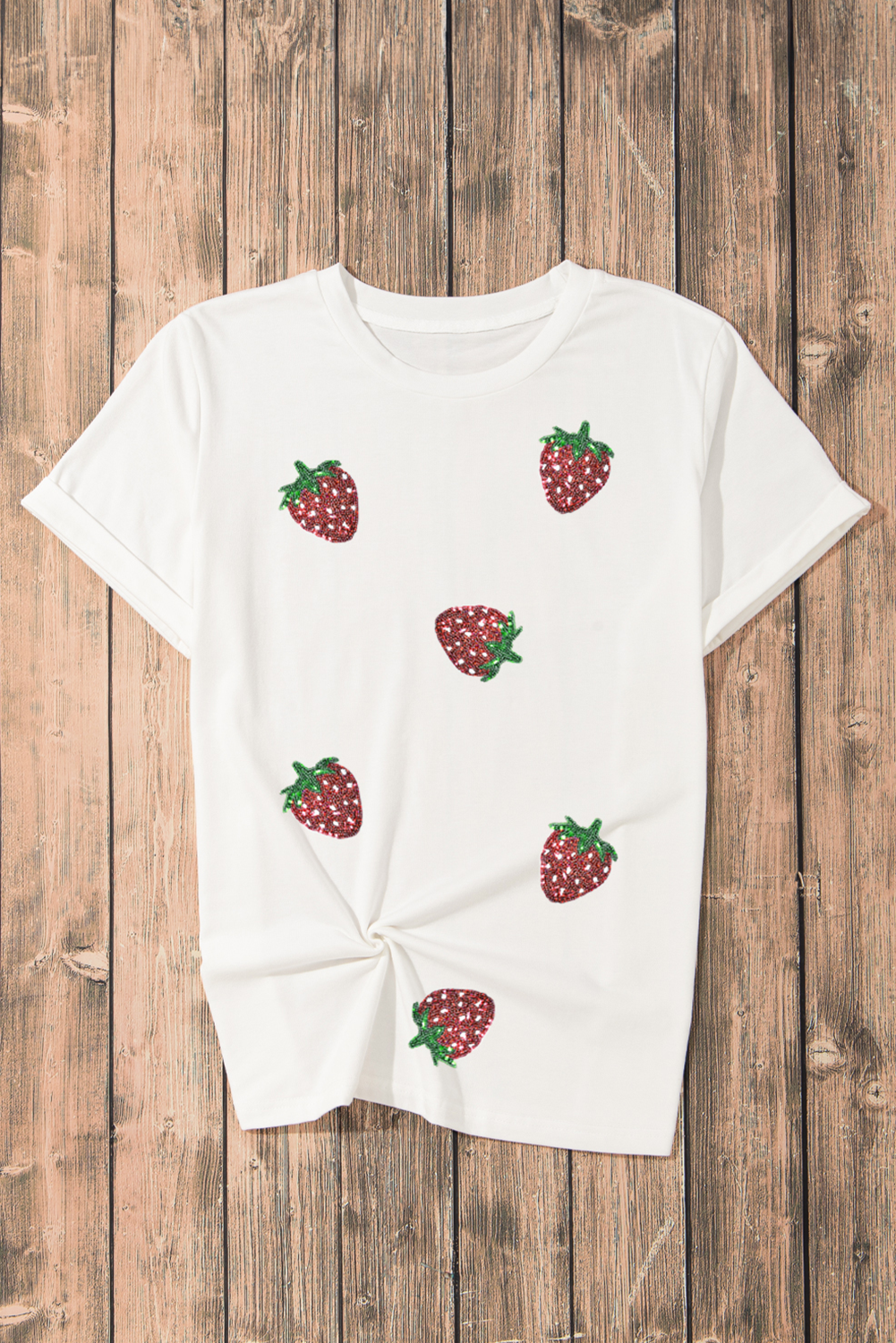 White Sequin Bow Strawberry Graphic Crew Neck T Shirt