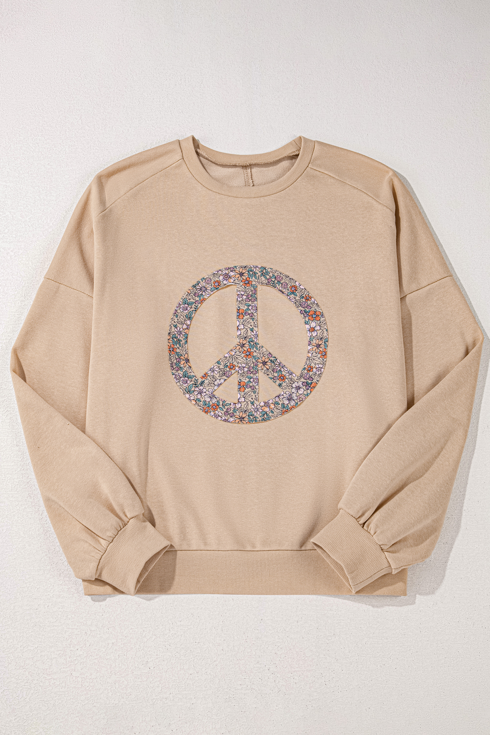 Beige Flower Patch Graphic Exposed Seam Wide Sleeve Top