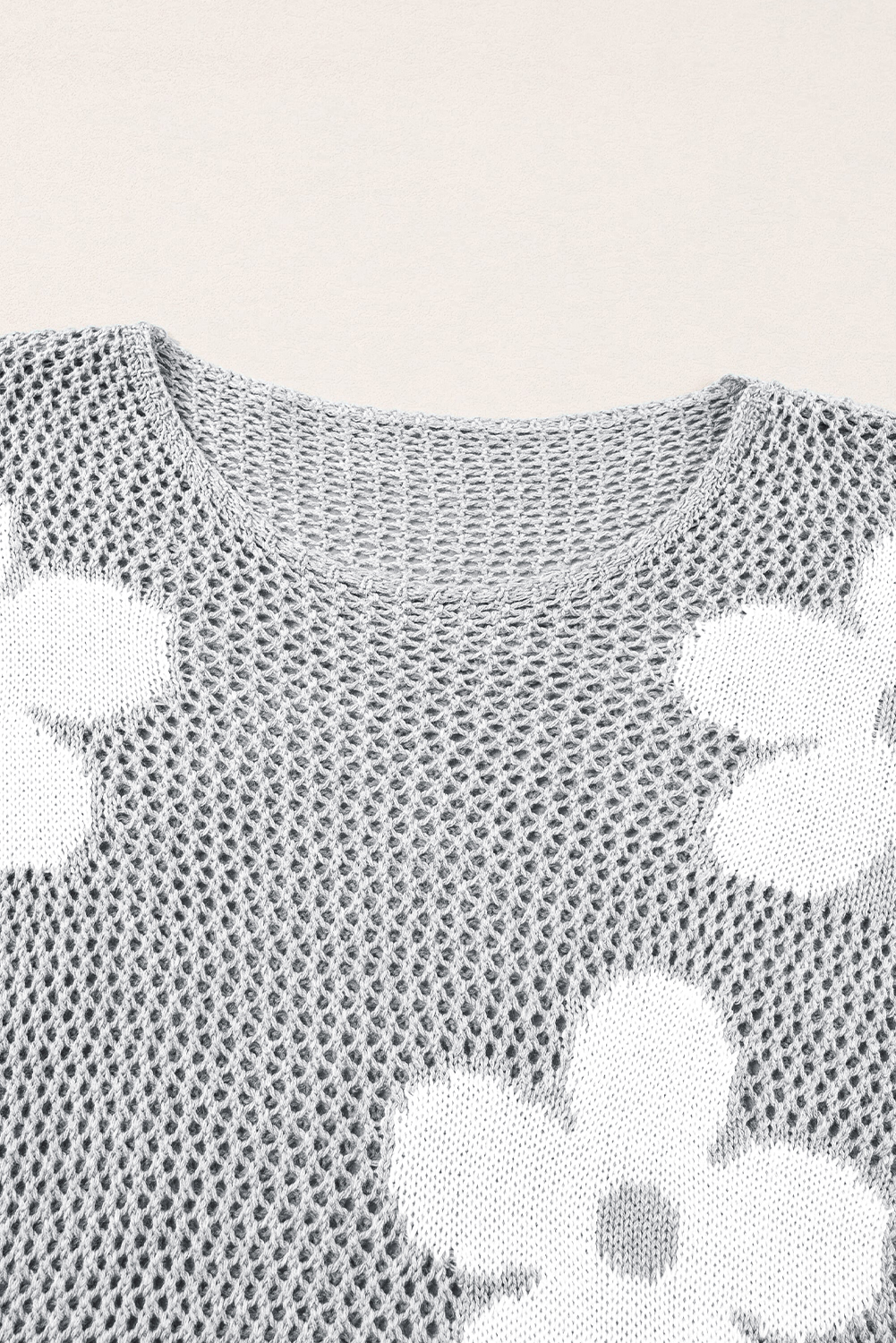 Light Pink Big Flower Hollowed Knit Drop Shoulder Sweater