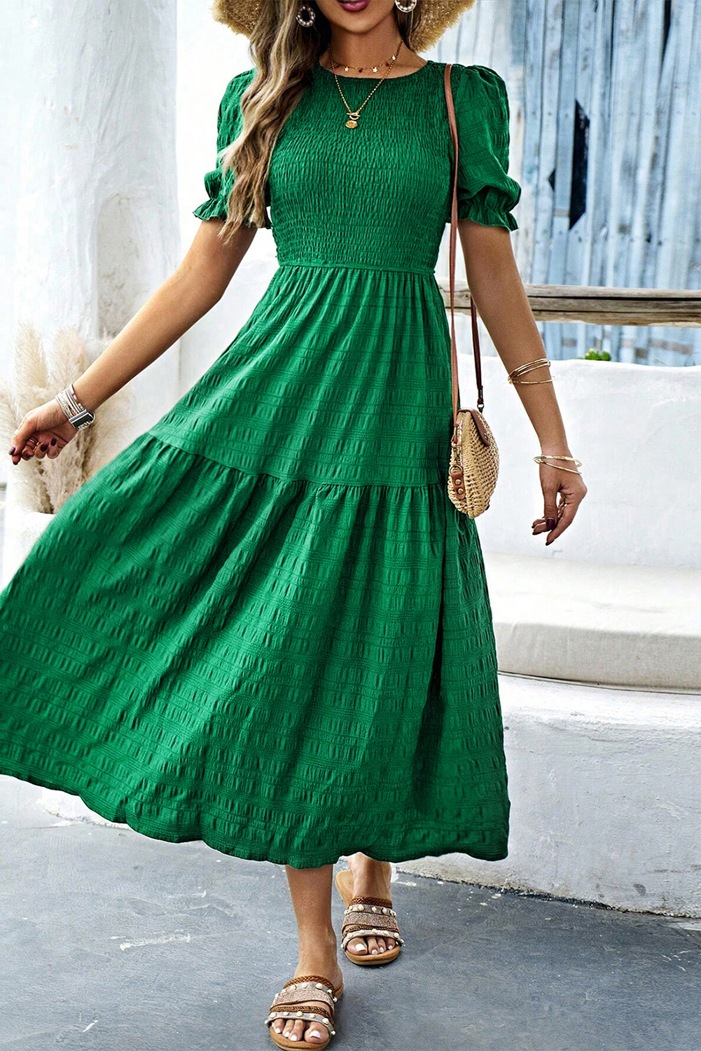 Dark Green Textured Ruffled Sleeve Round Neck Top