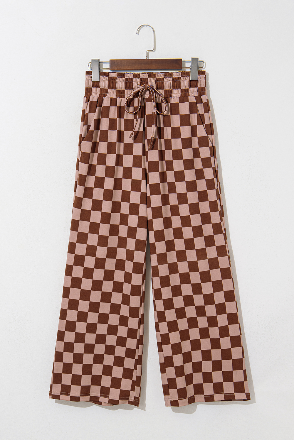 Khaki Checkered Elastic High Waist Loose Casual Pants