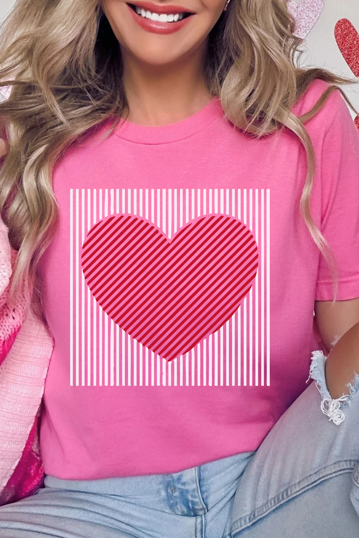 Sachet Pink Contrast Striped Heart Printed Valentines Day T Shirt