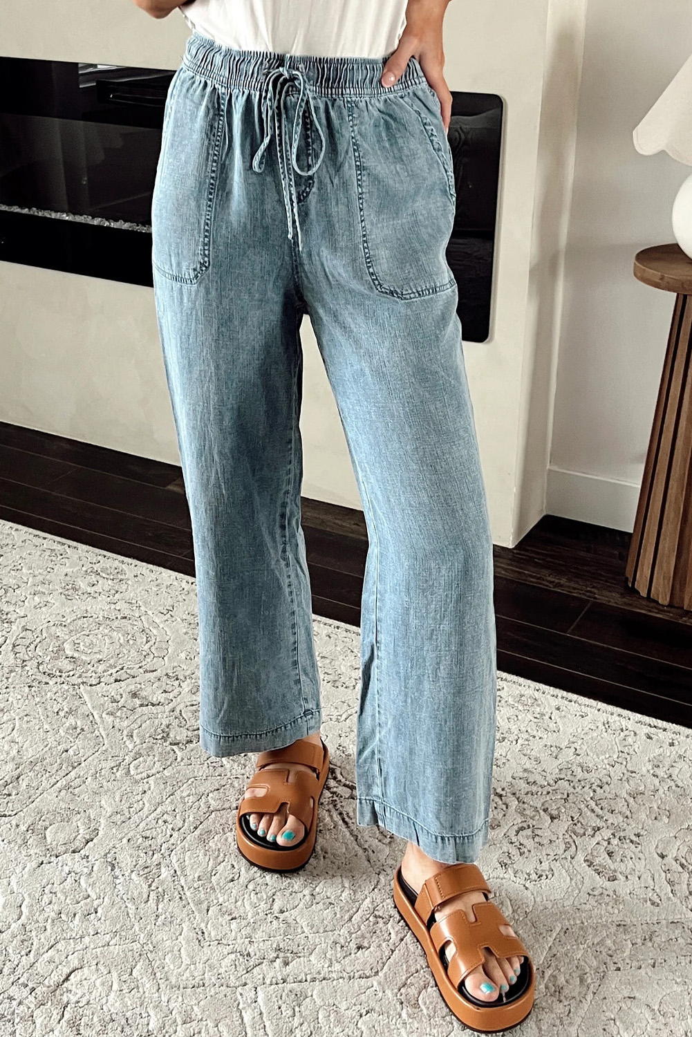 Myosotis Mineral Wash Drawstring Elastic Waistband Loose Straight Denim Pants