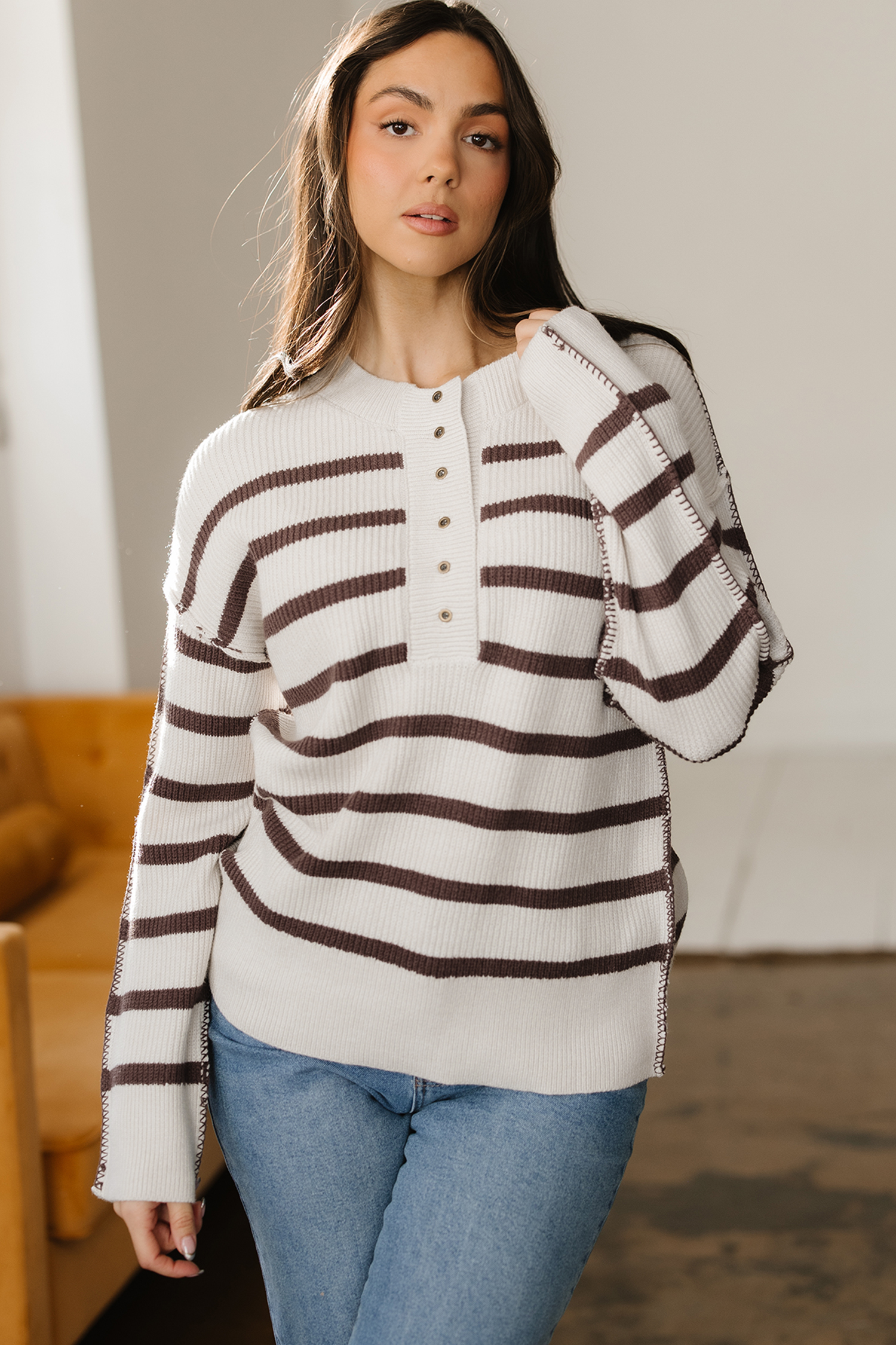 Brown Stripe Ribbed Henley Drop Shoulder Slouchy Sweater