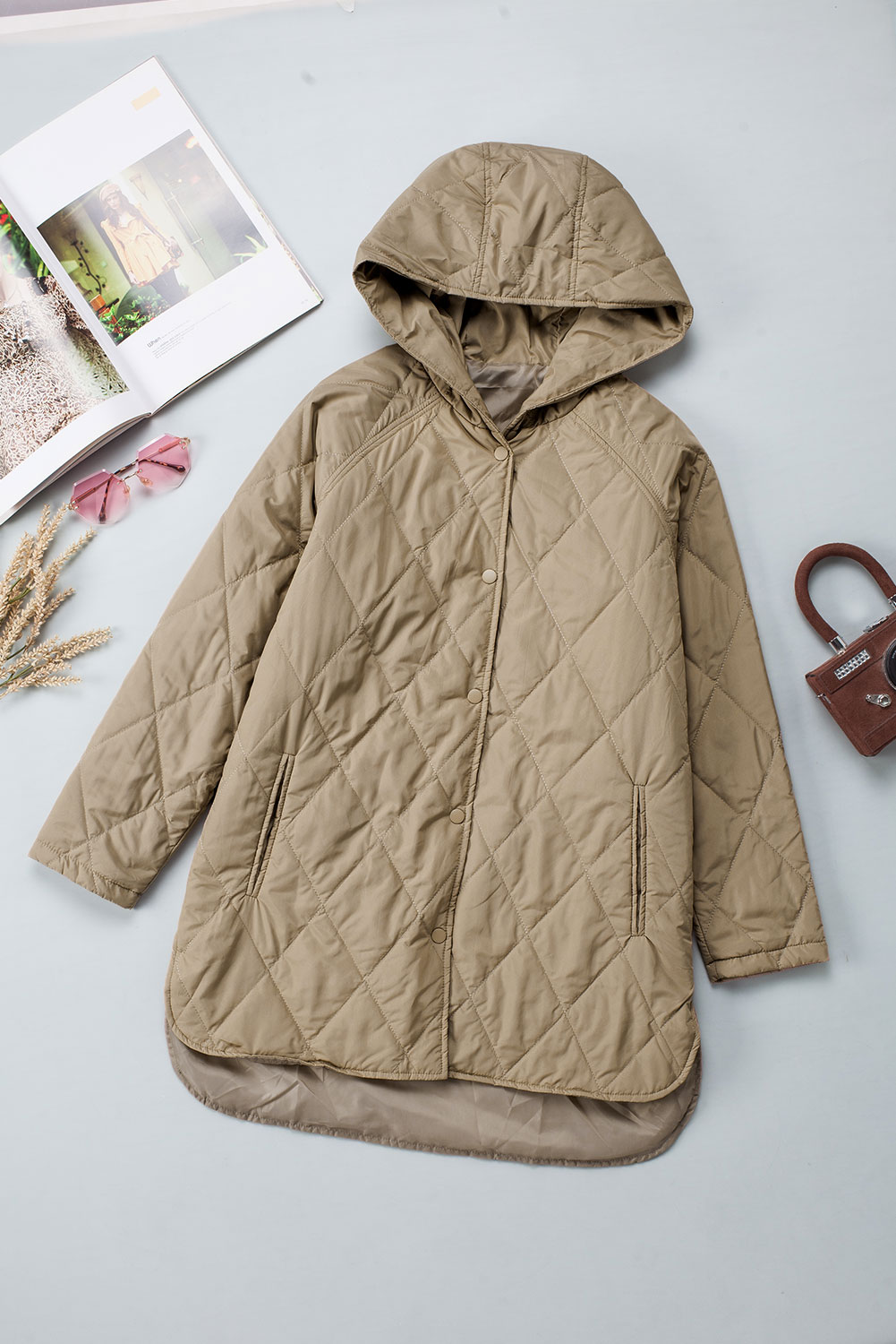 Green Quilted Snap Button Hooded Puffer Coat