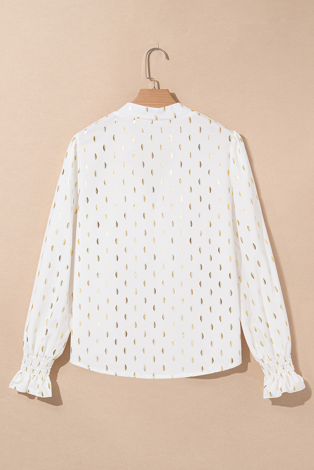 Beige Foil Crescent Print Notched Neck Flounce Sleeve Blouse