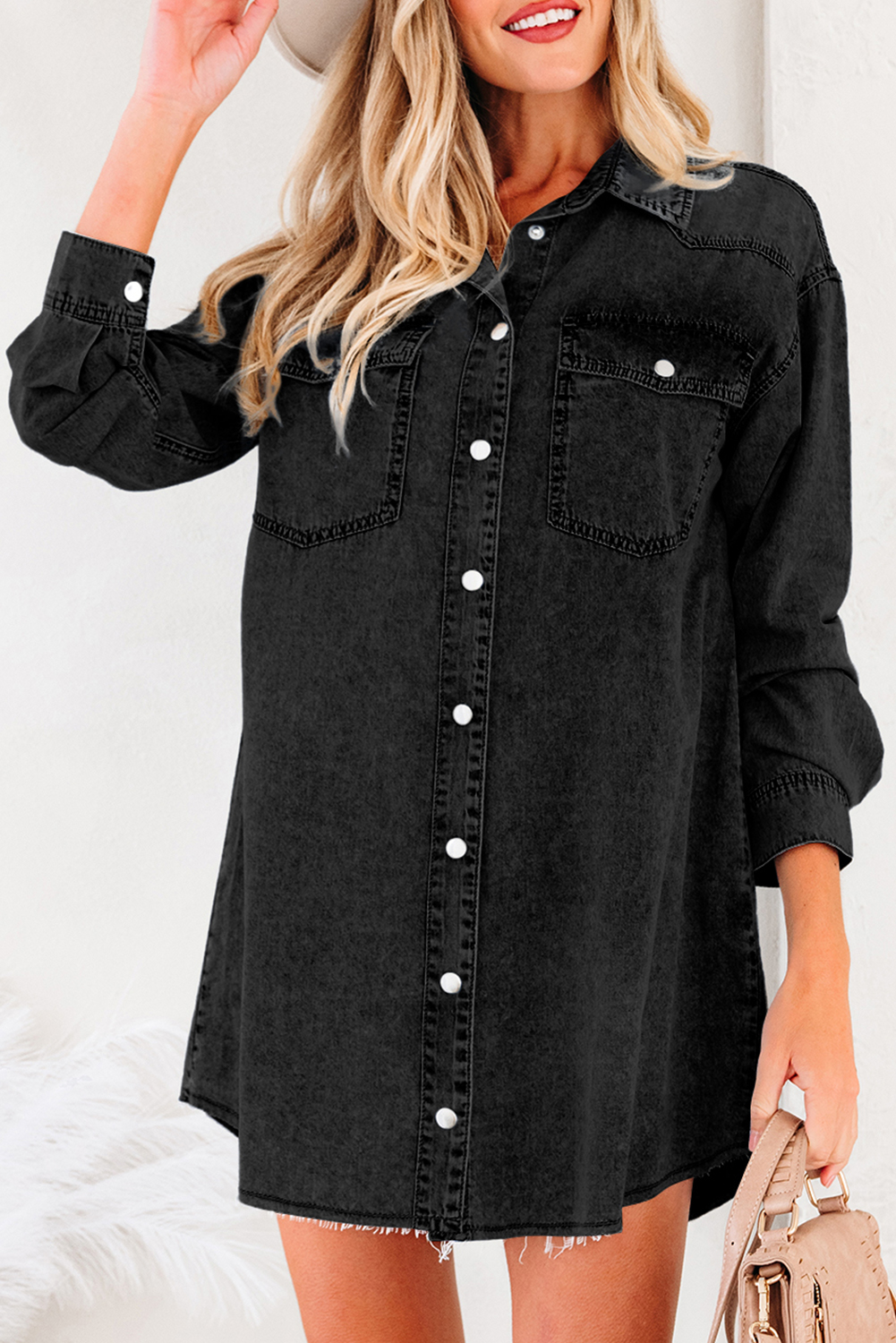Blue Beau Chest Pocket Raw Hem Denim Loose Shirt Dress