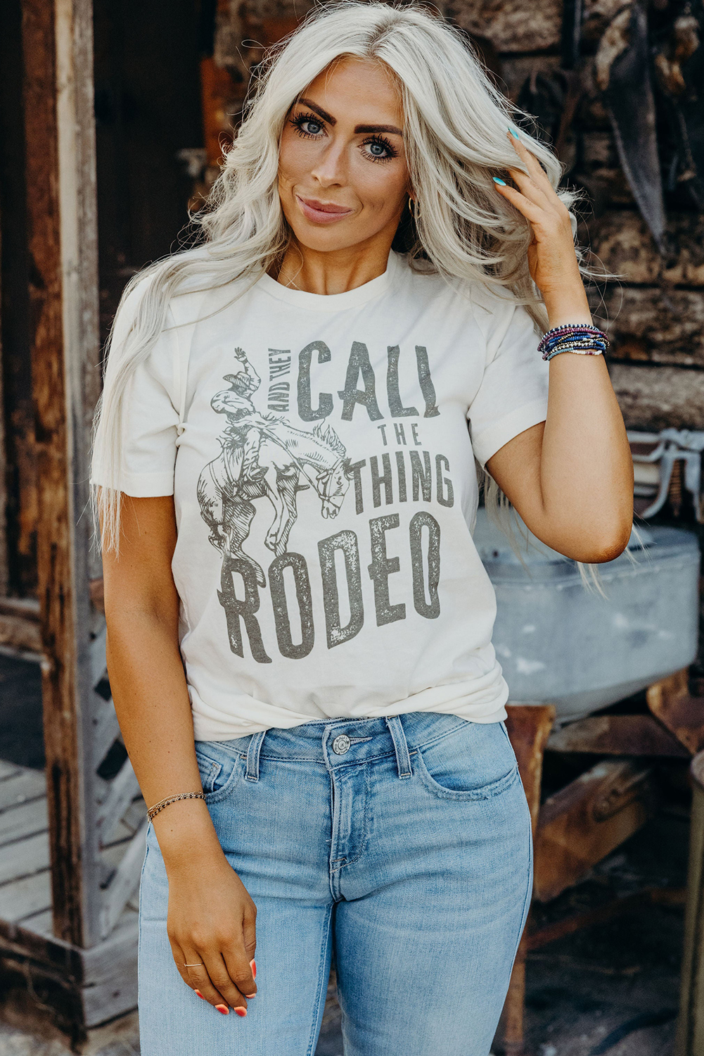 White AND THEY CALL THE THING RODEO Print Round Neck T Shirt