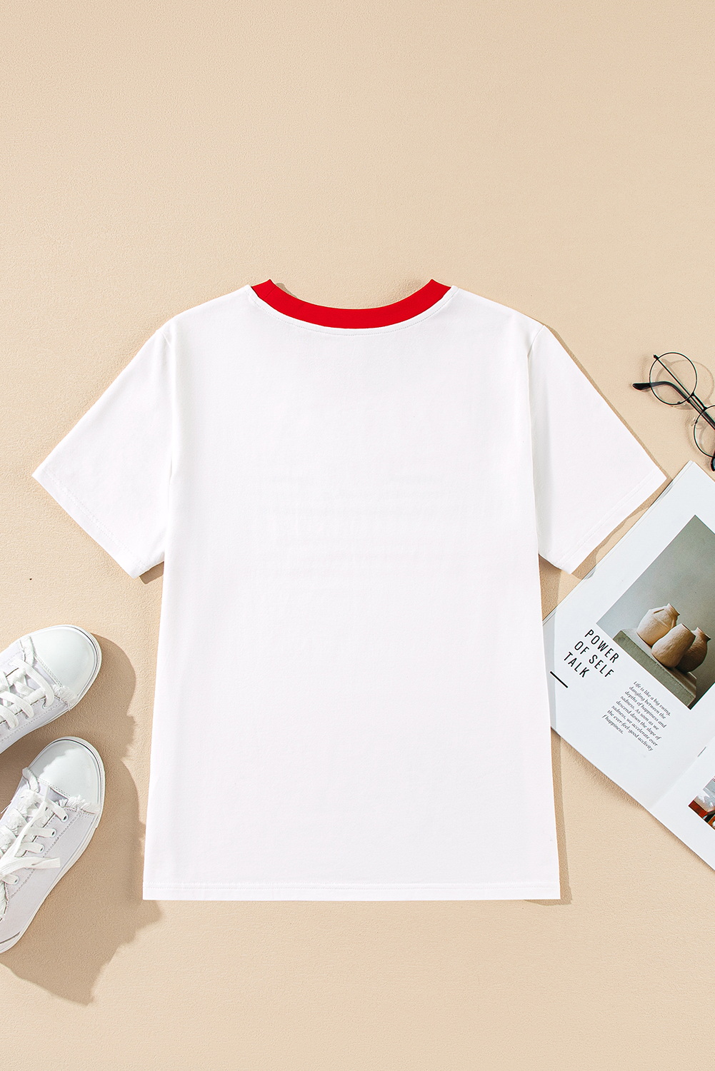 White Rainbow Stripe Print Contrast Crewneck T Shirt