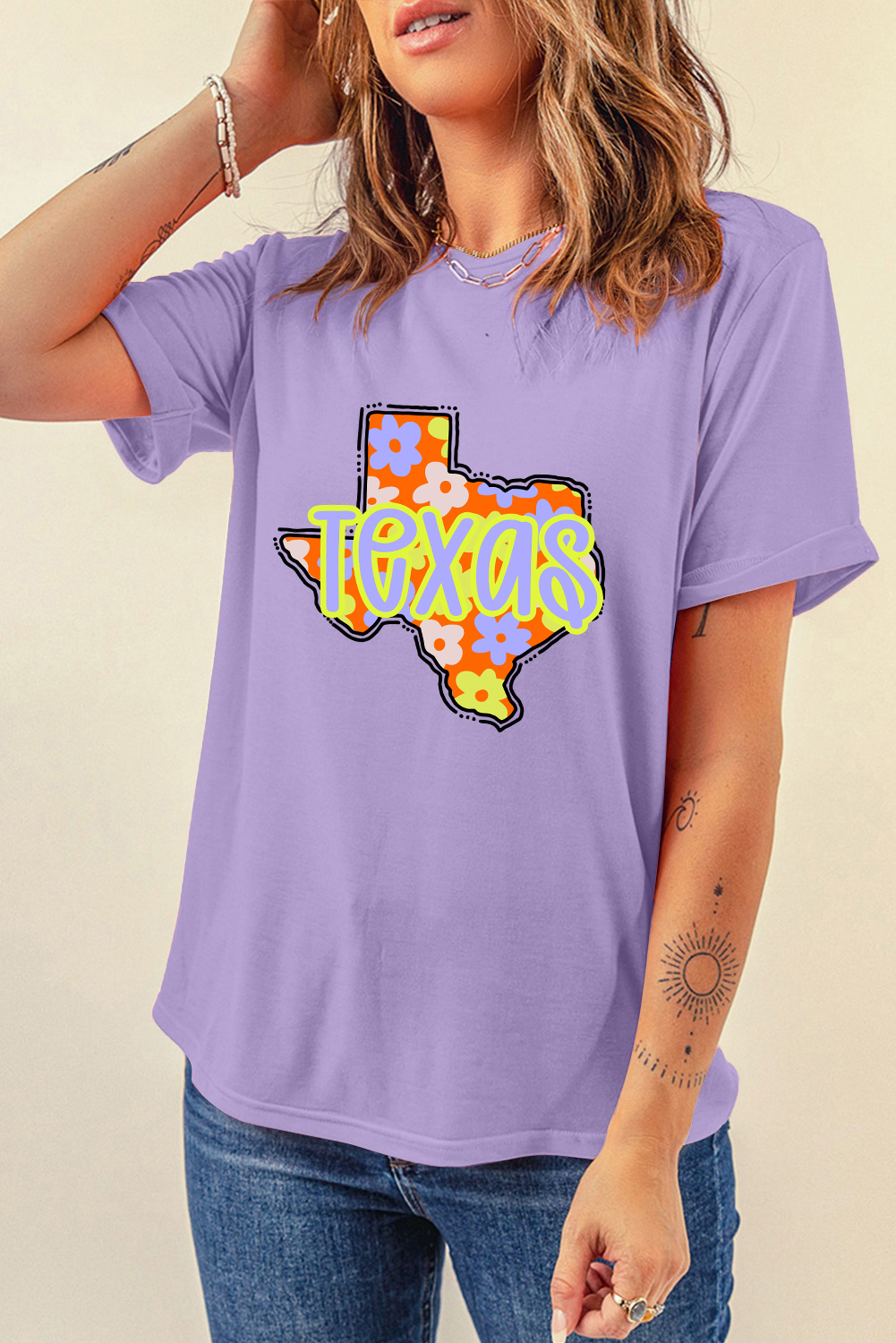 Wisteria TEXAS Flower Print Crew Neck T Shirt