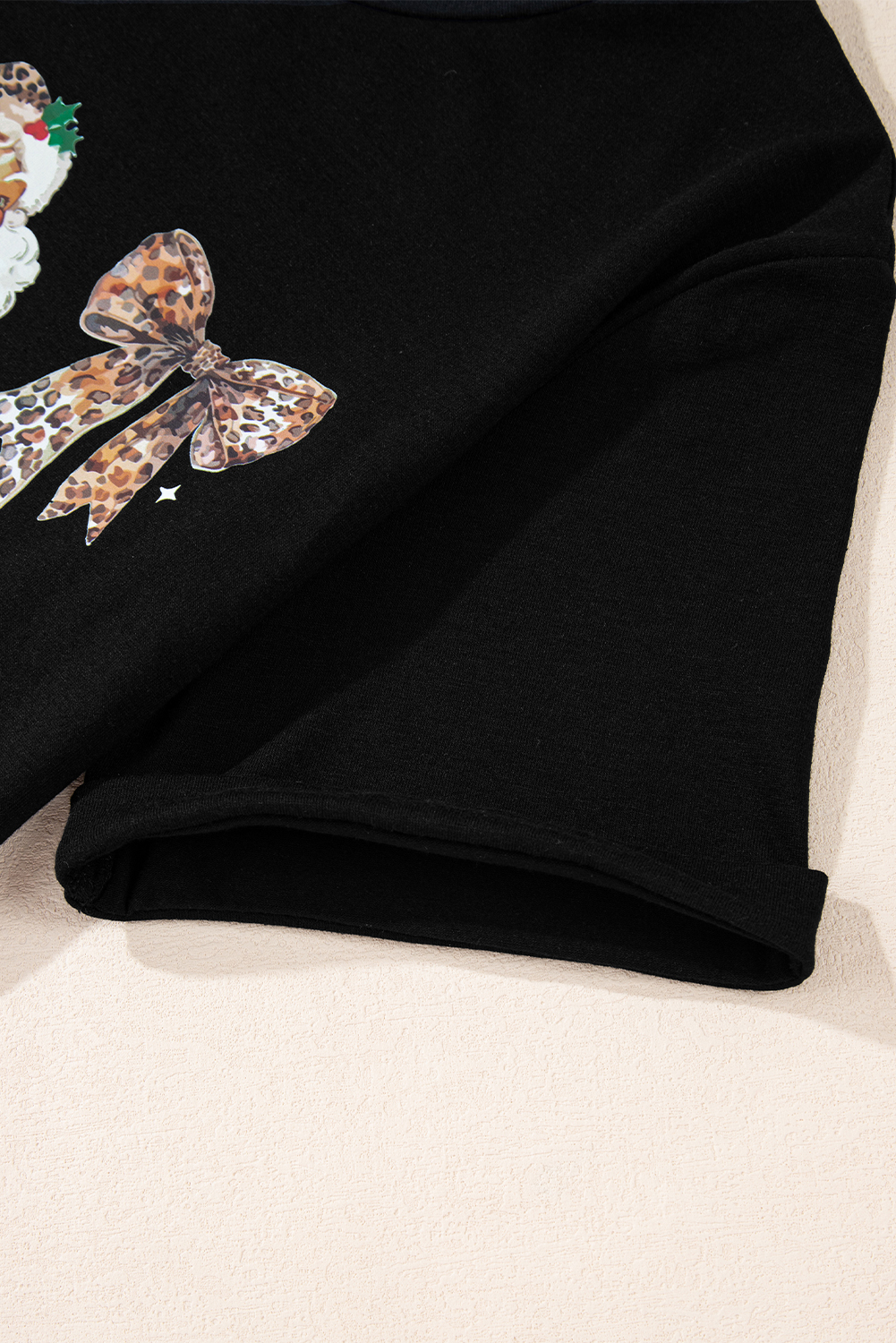 Black Santa Claus Leopard Bow Print Crew Neck Casual T Shirt