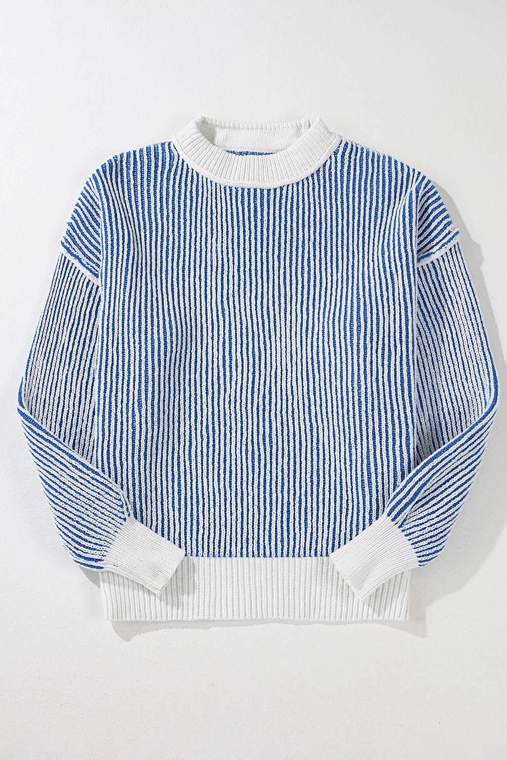 Bright Pink Striped Textured Knit Contrast Edge Loose Sweater
