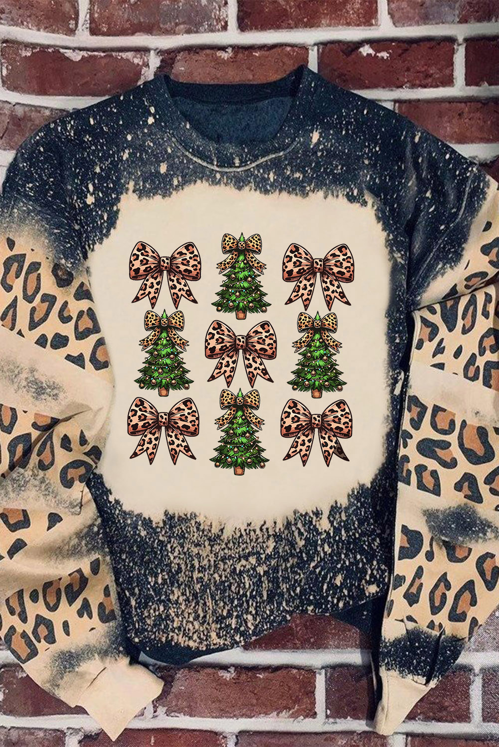 Black Leopard Bow Christmas Tree Printed Tie Dye Bleached Baggy Sweatshirt
