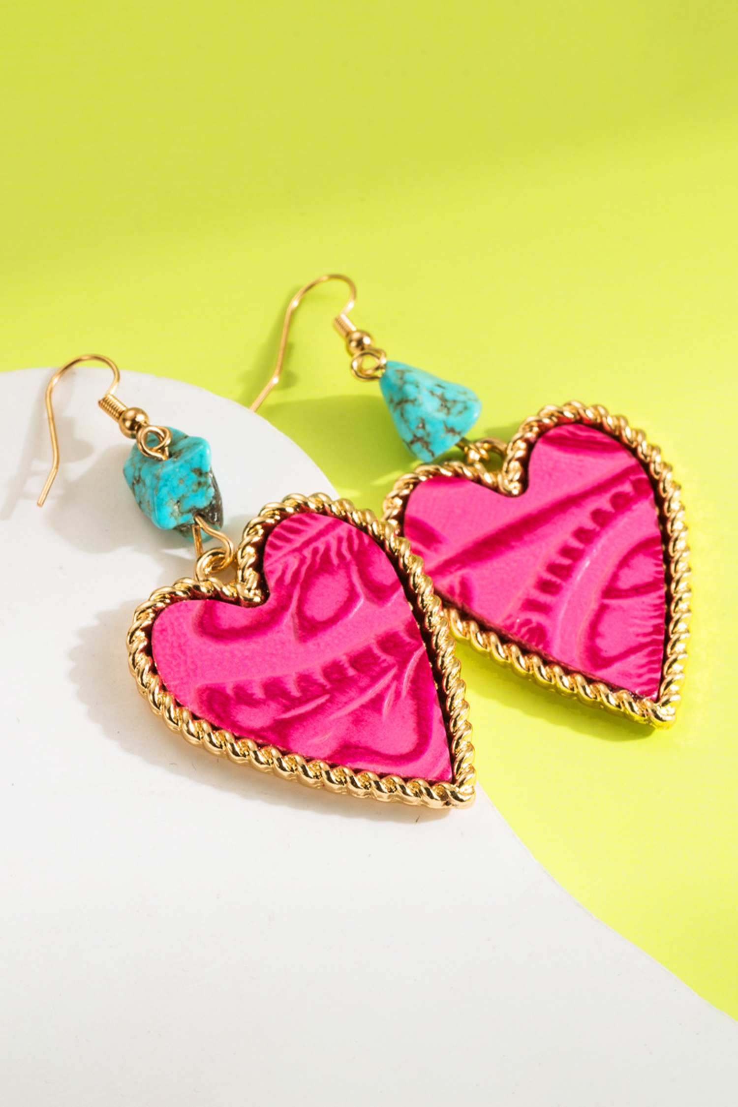 Rose Red Playful Heart Dangle Turquoise Detail Open Hook Earrings