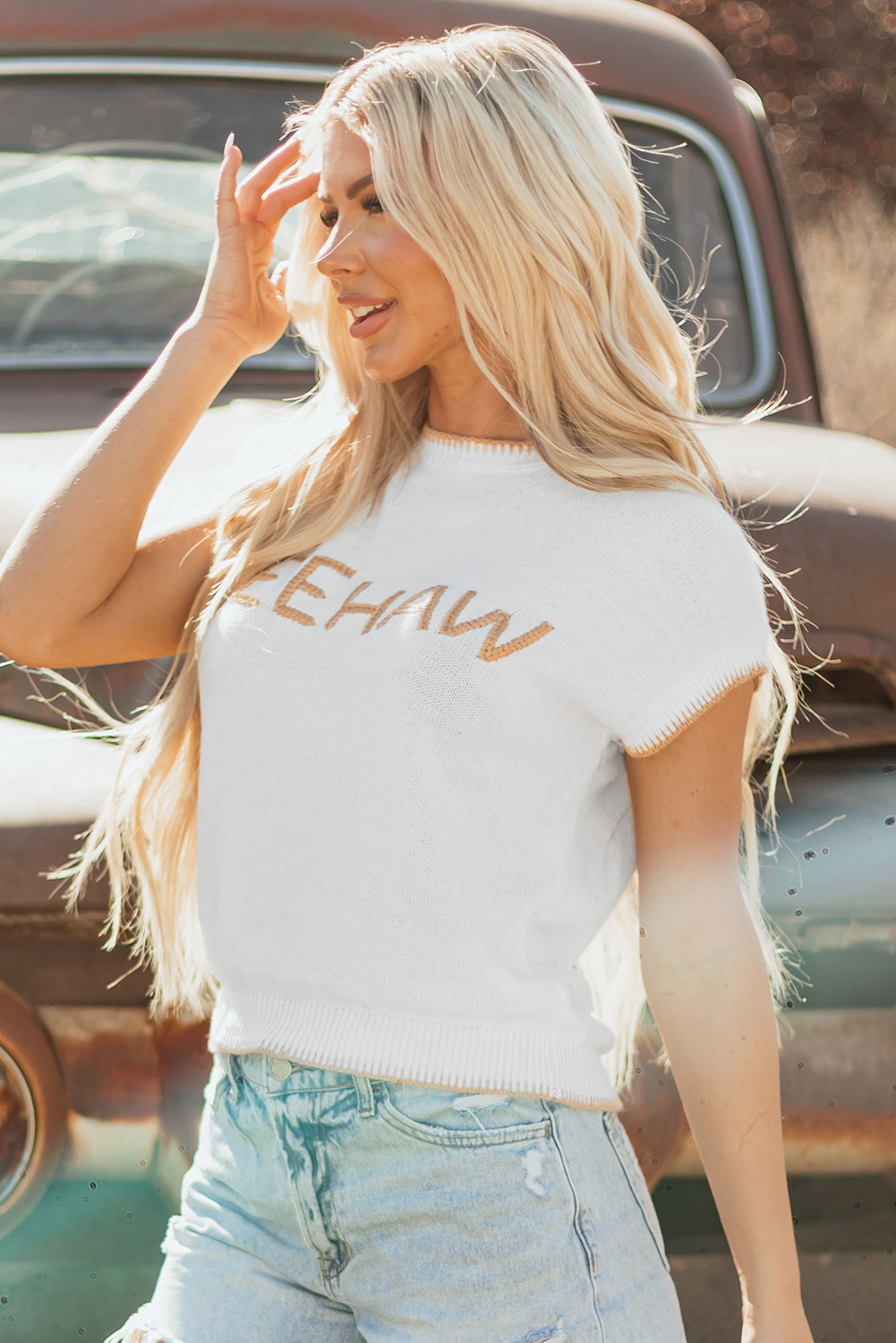 White Knitted YEEHAW Stitch Edge Crew Neck Sweater T Shirt