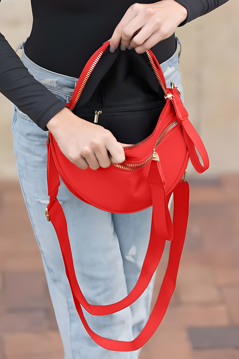 Jungle Green Double Zip Crescent Shape Adjustable Sling Bag