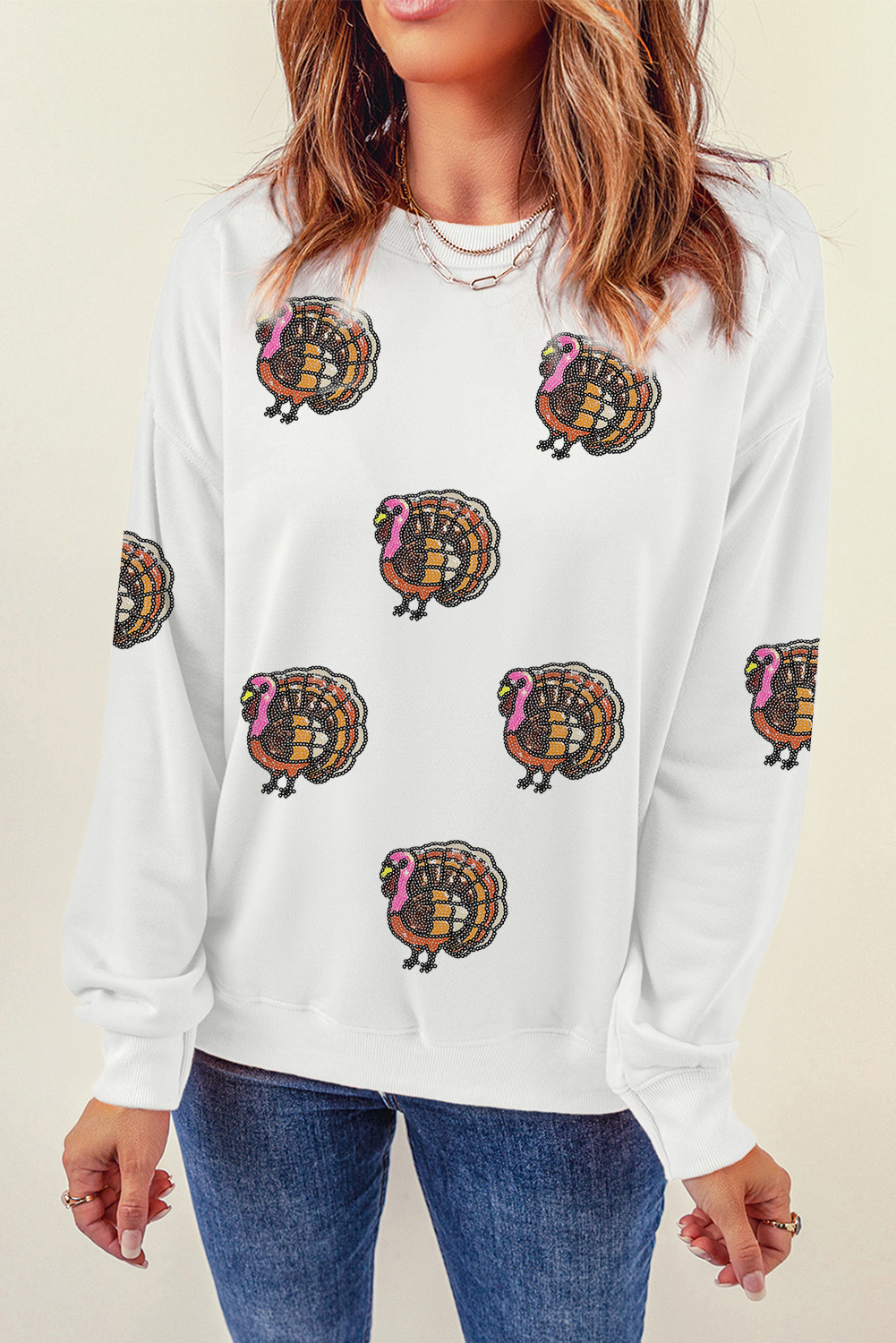 White Thanksgiving Turkey Sequin Patched Pullover Sweatshirt