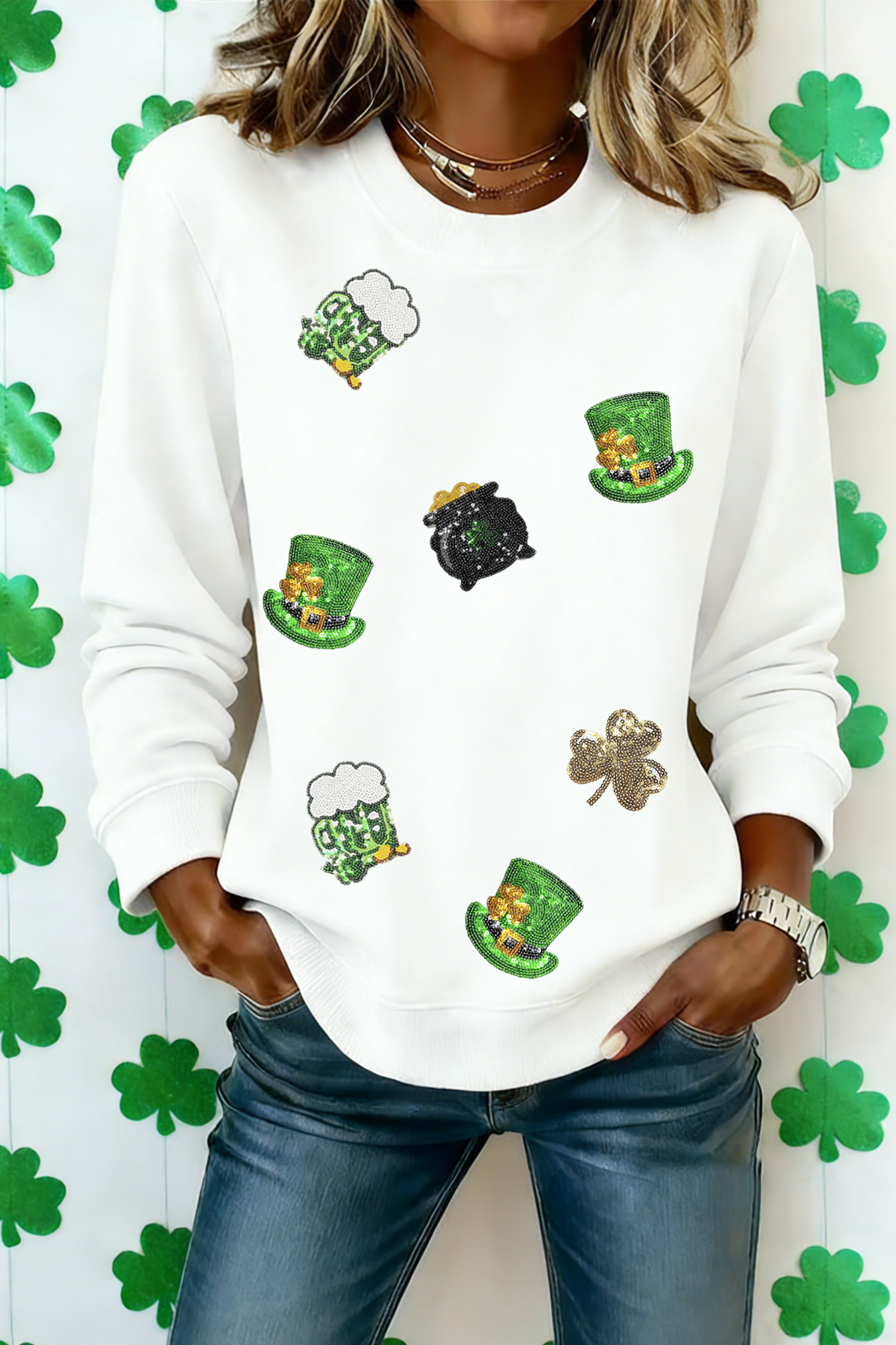 White Cheerful St Patricks Day Sequin Graphic Sweatshirt