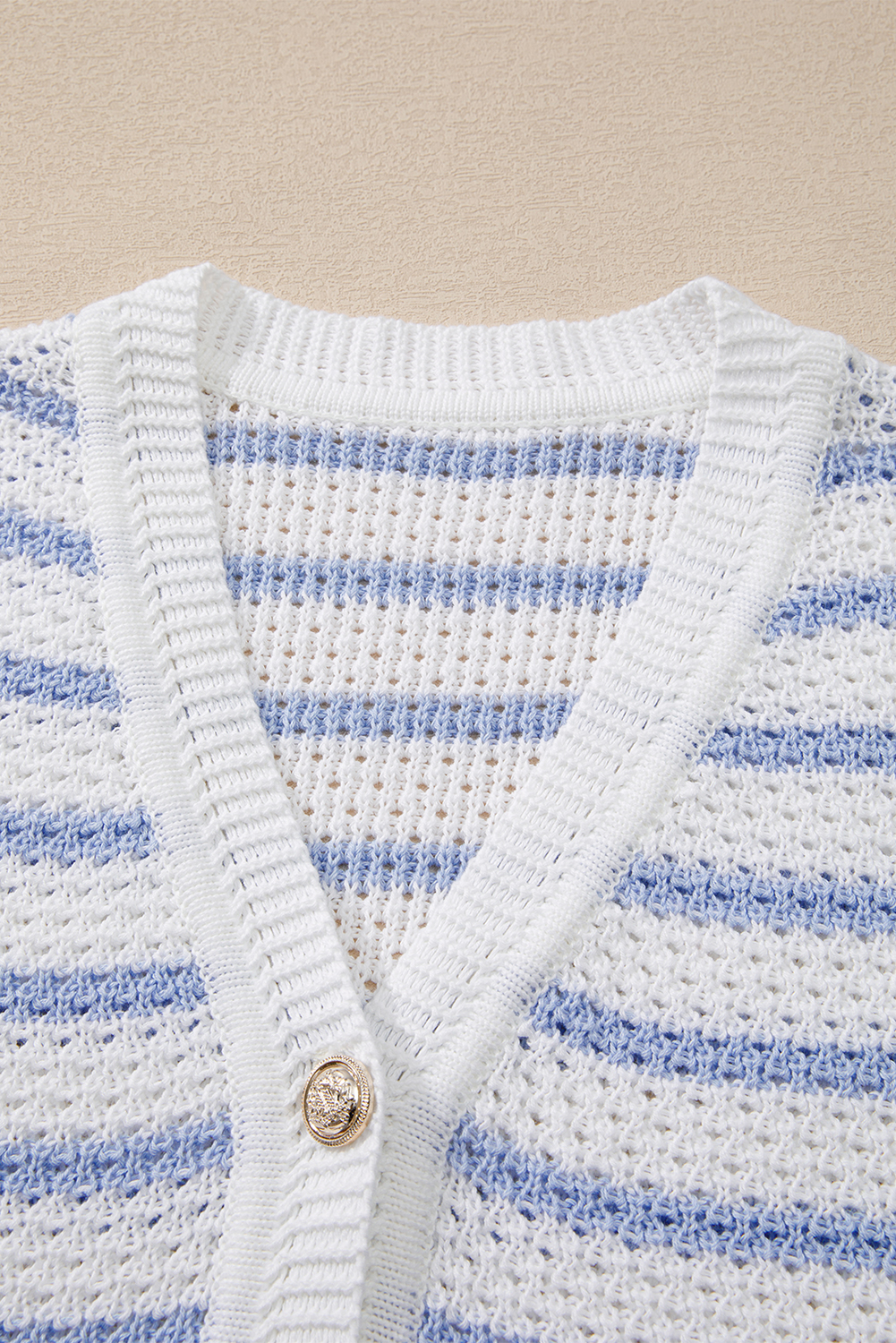 Sky Blue Stripe V Neck Gold Buttons Elegant Sweater Vest