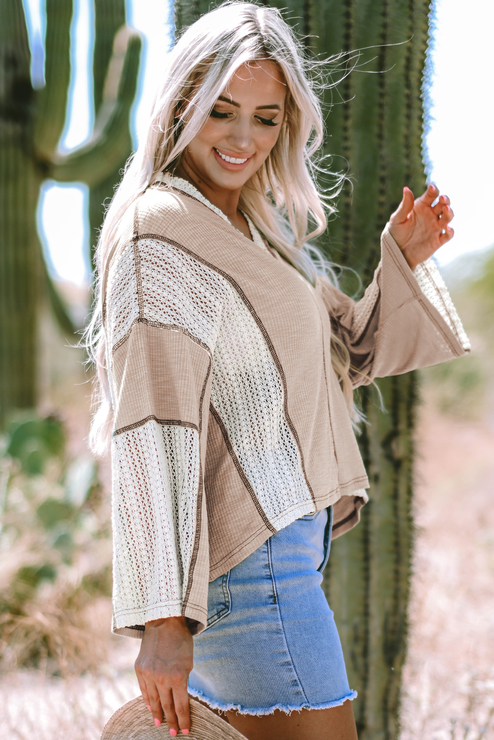 Grass Green Crochet Detail Exposed Seam High Low Loose Top