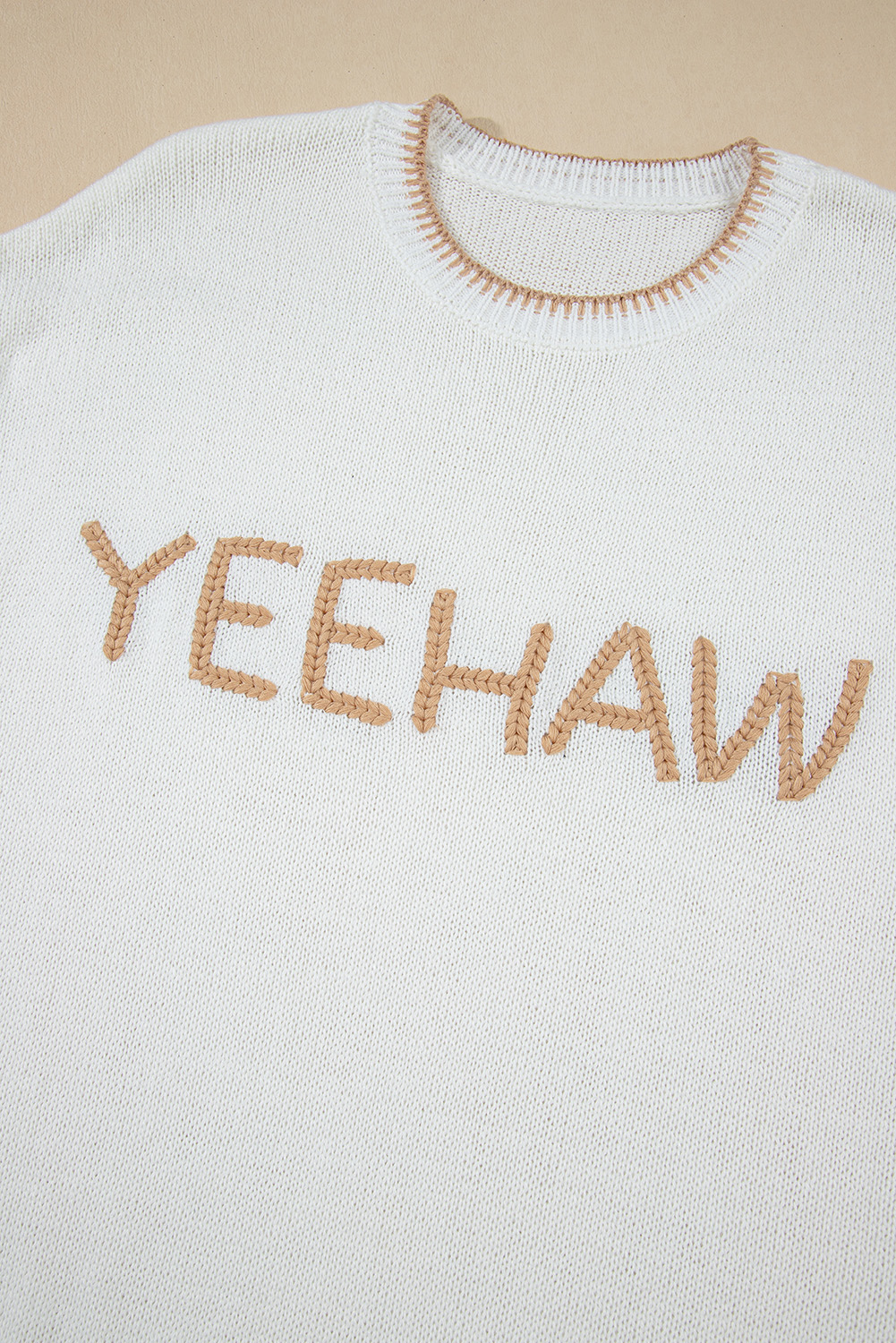 White Knitted YEEHAW Stitch Edge Crew Neck Sweater T Shirt