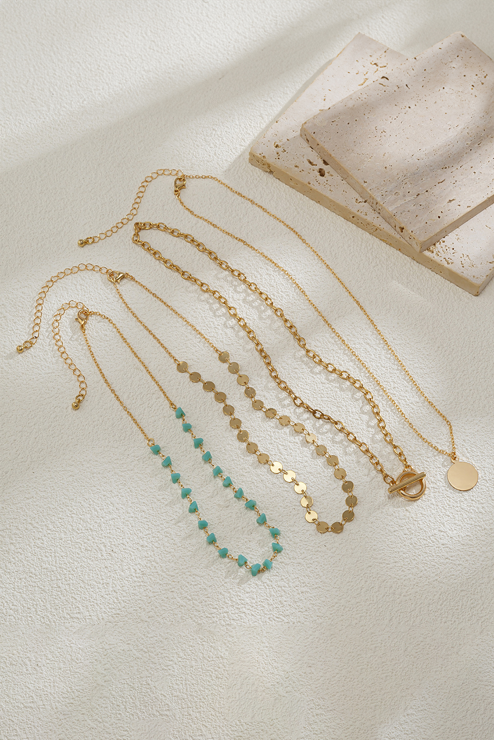 Gold Plated Toggle Disc Detail Turquoise Heart Beads 4pcs Necklace Set