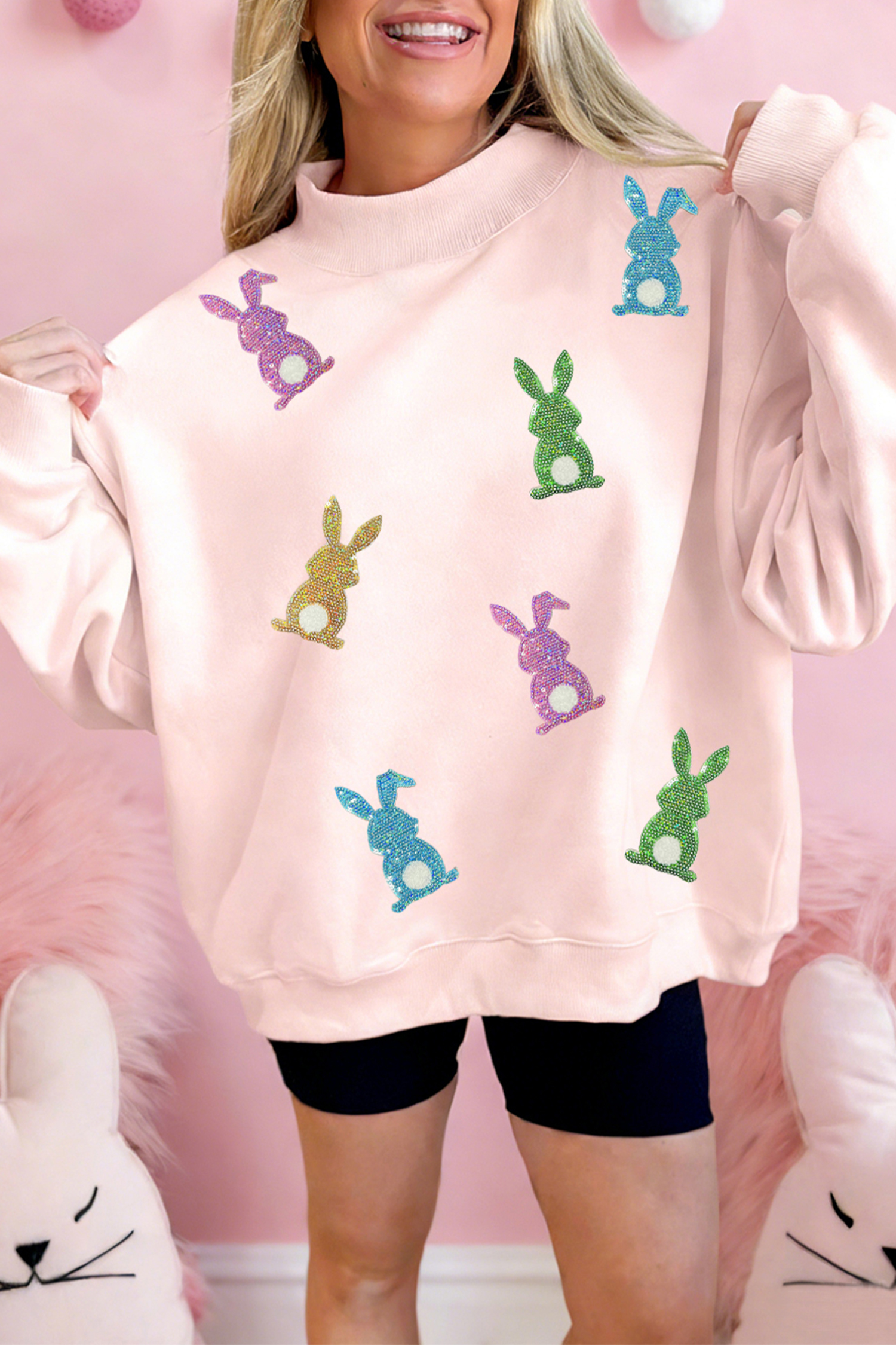 Apricot Pink Glittery Bunny Patched Mock Neck Sweatshirt
